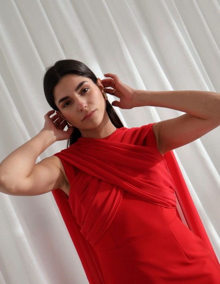 Red midi dress for guest in crepe and crossed chiffon detail
