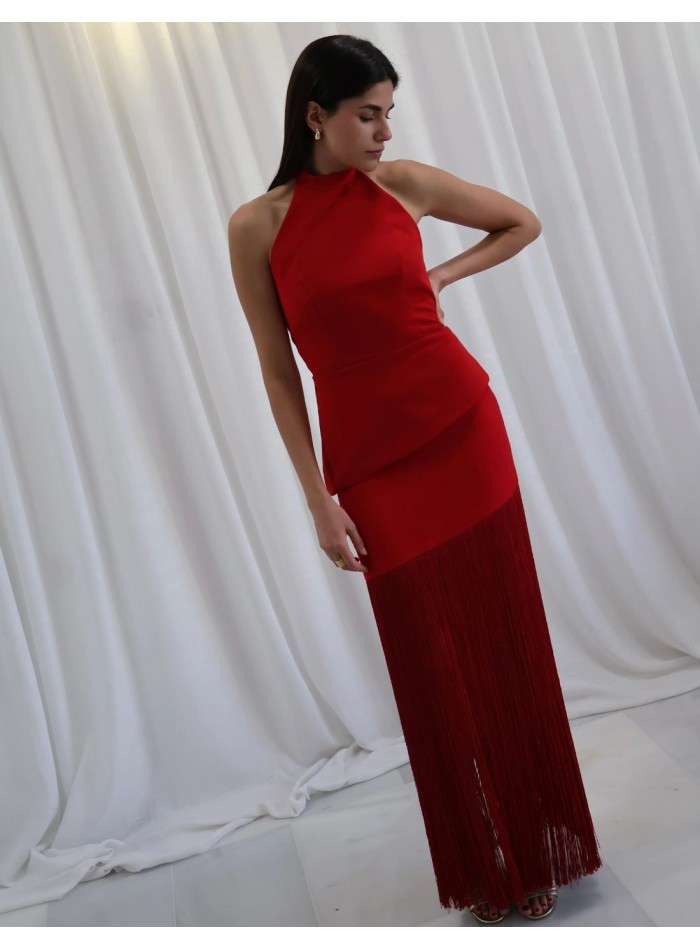 Two-piece red top and skirt set with fringed...