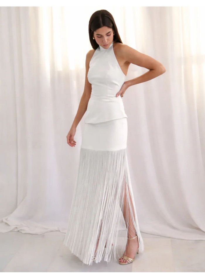 Two-piece white top and skirt set with fringed...