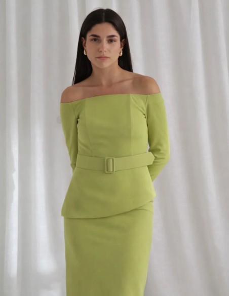 Two-piece set with bardot neckline top and pistachio midi skirt