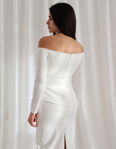 Guest ensemble with bardot neckline top and midi skirt