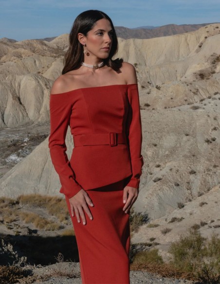 Guest ensemble with bardot neckline top and midi skirt