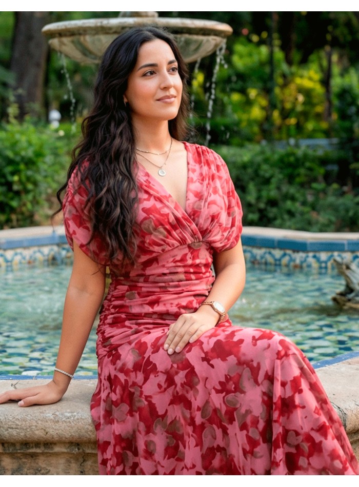 Robe midi imprimée rouge avec ceinture drapée