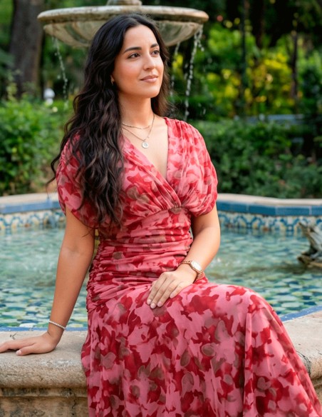 Robe midi imprimée rouge avec ceinture drapée