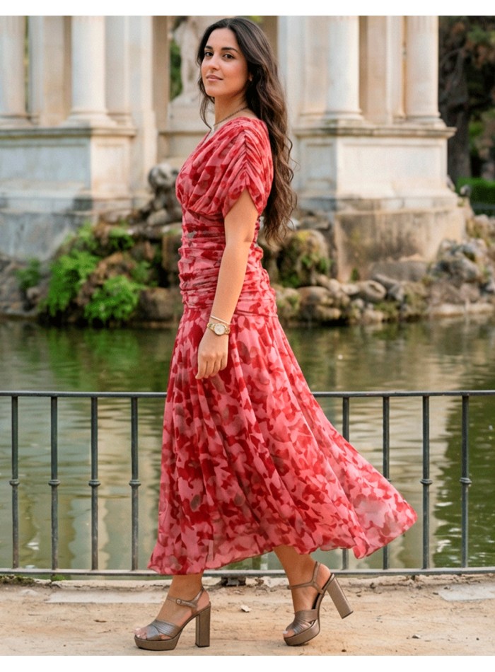 Draped Waist Red Printed Midi Dress