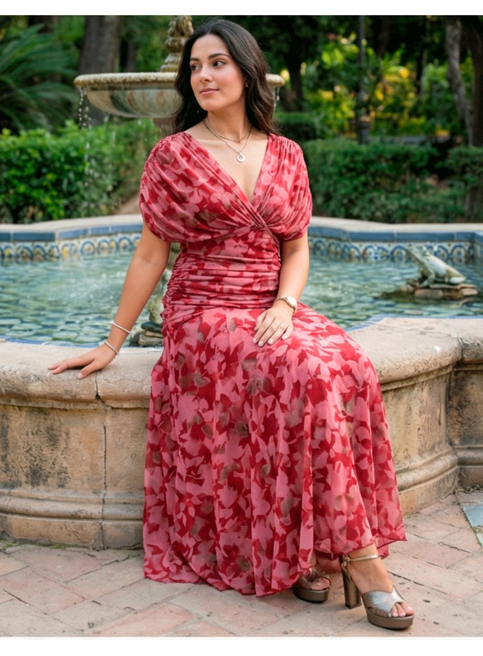 Robe midi imprimée rouge avec ceinture drapée