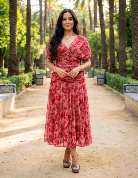 Vestido Midi Estampado Rojo con Cintura Drapeada