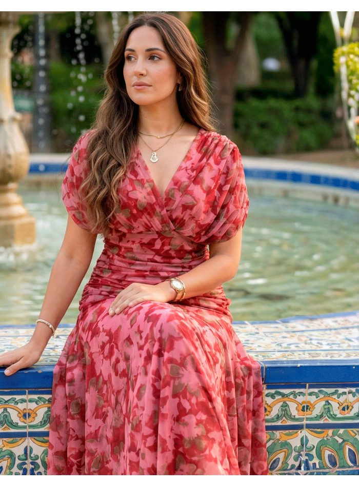 Vestido Midi Estampado Rojo con Cintura Drapeada