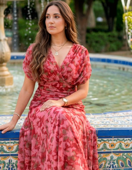 Draped Waist Red Printed Midi Dress