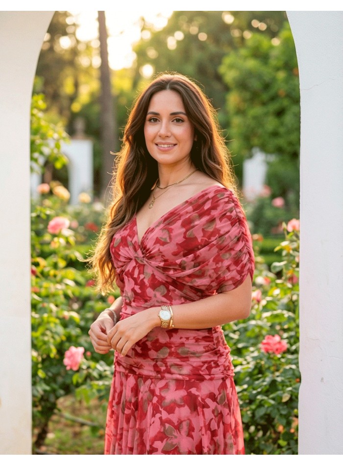 Vestido Midi Estampado Rojo con Cintura Drapeada