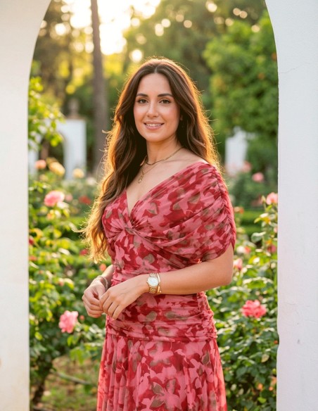 Robe midi imprimée rouge avec ceinture drapée