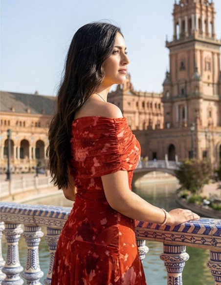 Robe d'invité imprimée carreaux avec encolure bardot