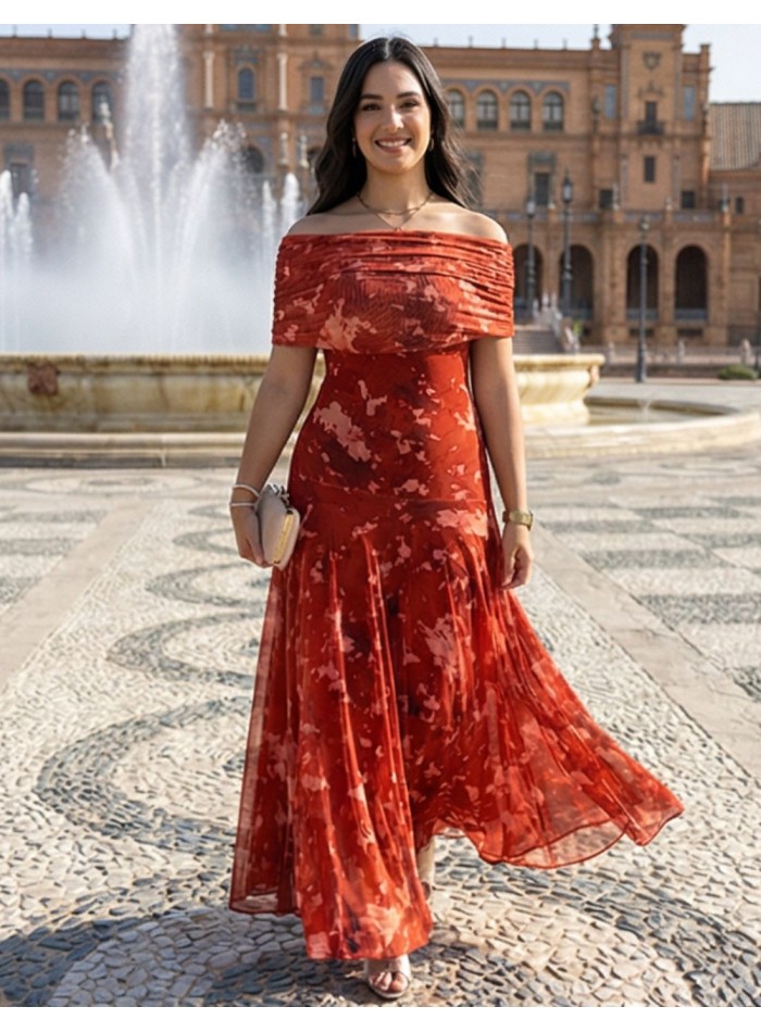 Guest dress printed in rust color with bardot...