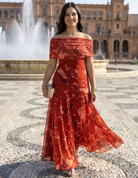 Robe d'invité imprimée carreaux avec encolure bardot