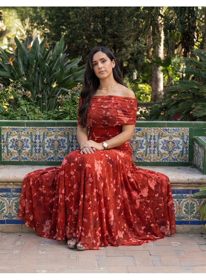 Guest dress printed in rust color with bardot...