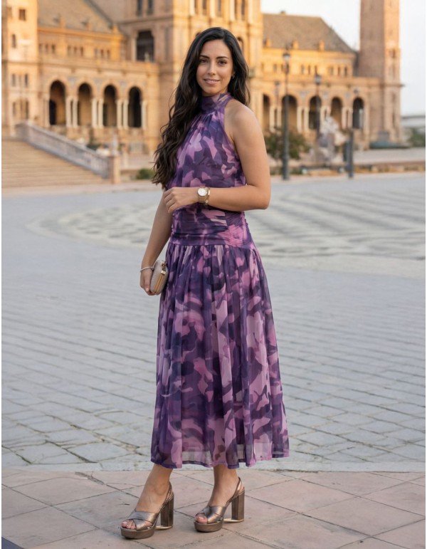 Vestido midi con cuello halter estampado con cintura fruncida