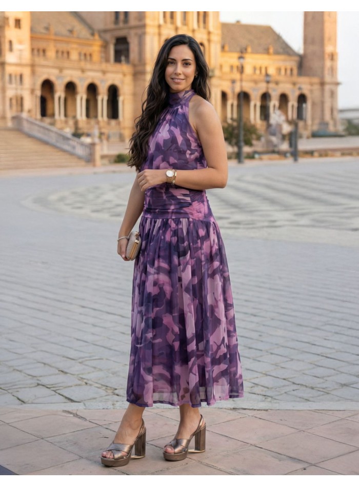 Robe midi imprimée à col licou et taille froncée