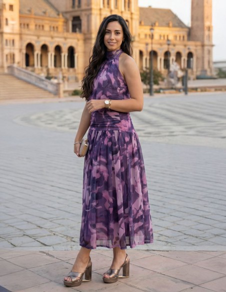 Robe midi imprimée à col licou et taille froncée