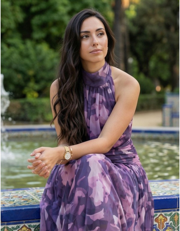 Vestido midi con cuello halter estampado con cintura fruncida 2