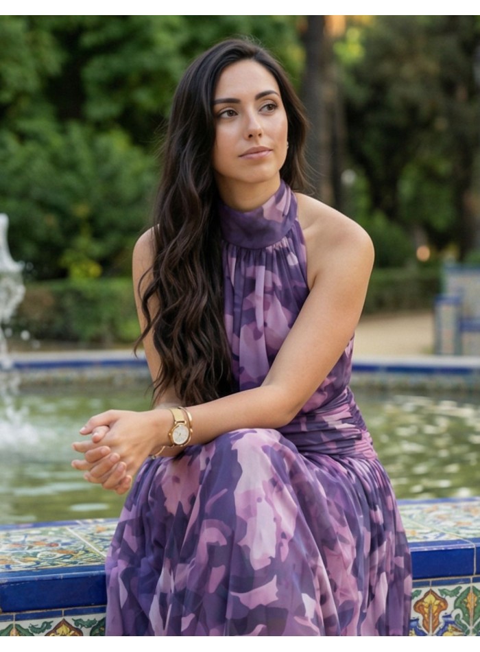 Robe midi imprimée à col licou et taille froncée