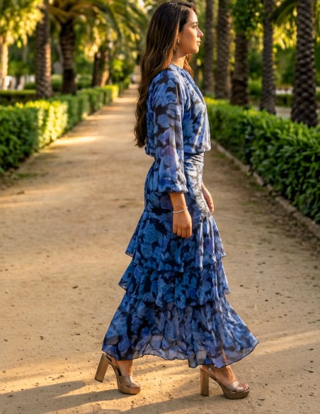 Blue Printed Ruffled Midi Skirt with Ruffles and Blouse Set