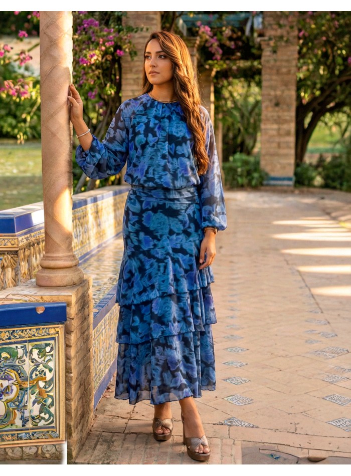 Ensemble jupe midi et chemisier à volants imprimé bleu