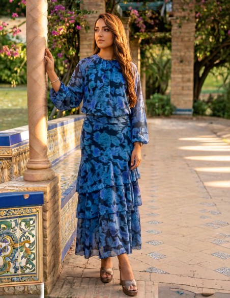 Blue Printed Ruffled Midi Skirt with Ruffles and Blouse Set