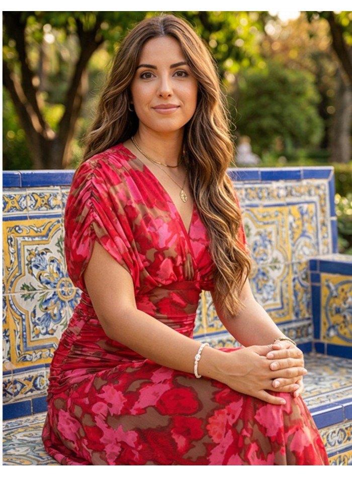Vestido midi estampado floral en tonos rojos