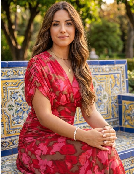 Vestido midi estampado floral en tonos rojos