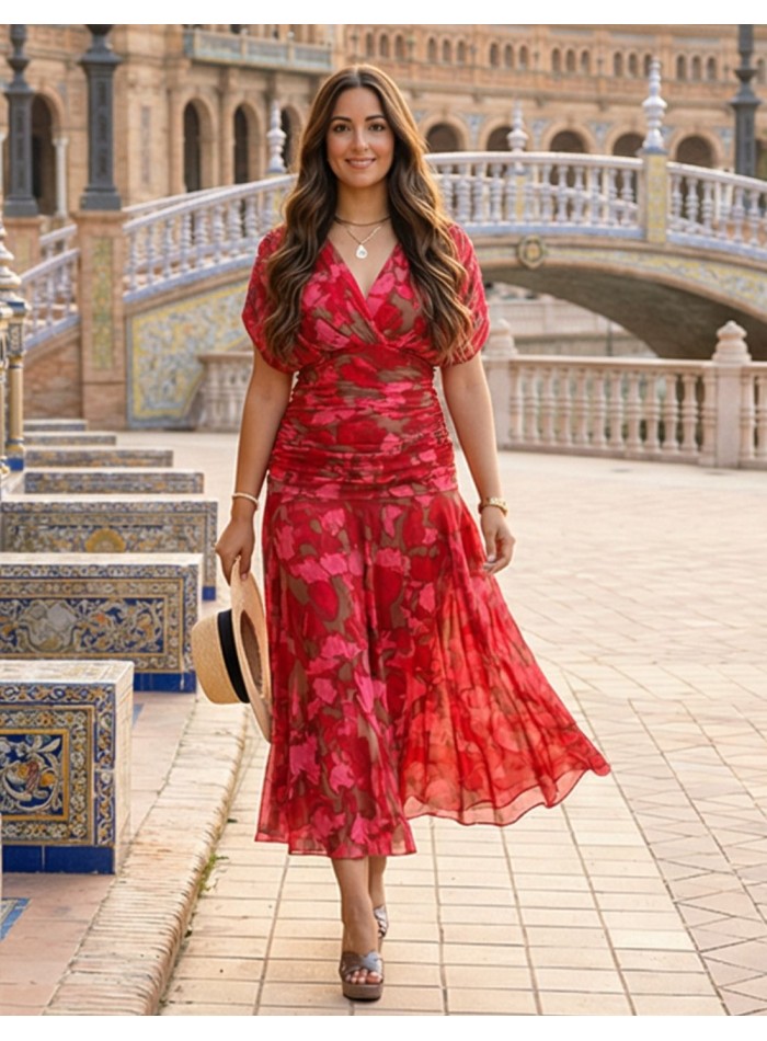 Robe midi imprimée avec taille drapée et jupe...