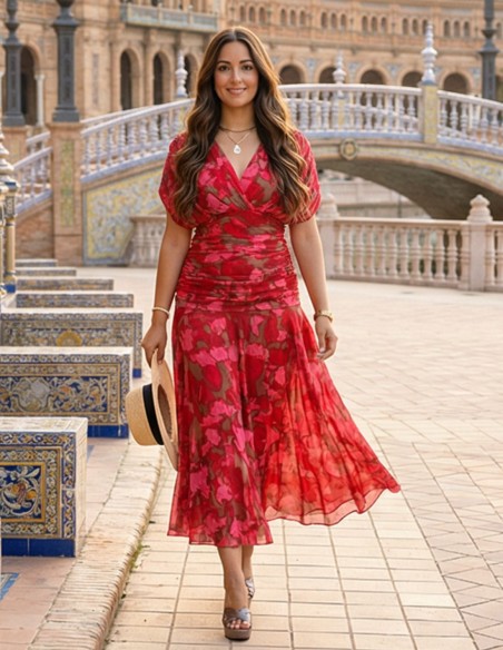 Vestido midi estampado con drapeado en la cintura y falda con vuelo