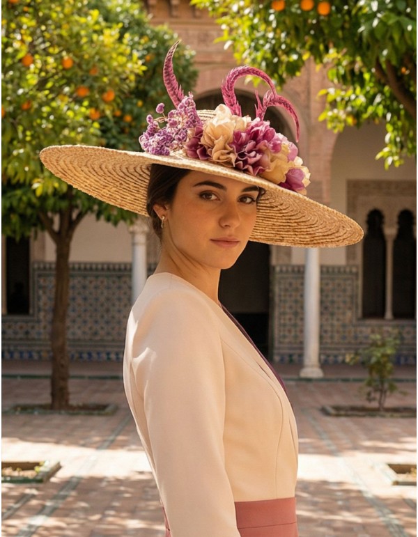 Pamela de rafia con detalle de flores y plumas en tono buganvilla para invitada 2