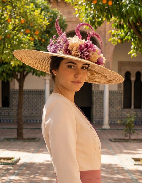 Pamela en raphia de bougainvilliers avec détails de fleurs et de plumes pour les invités