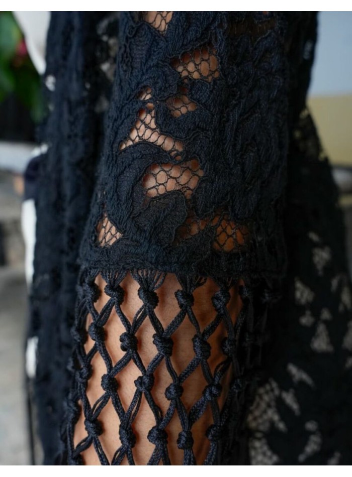 Black lace kimono with flowers and bangs