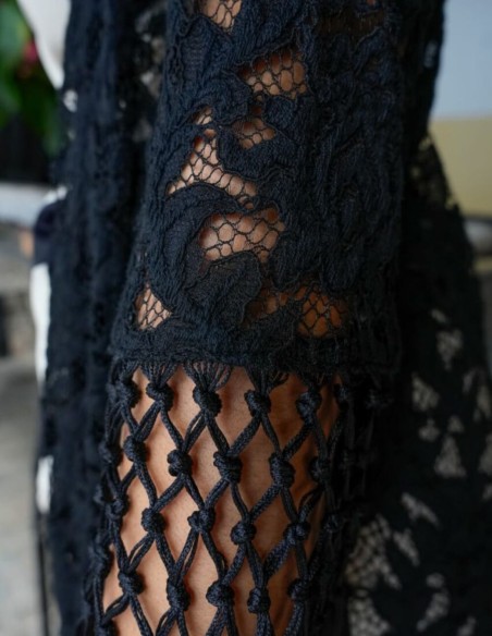 Black lace kimono with flowers and bangs