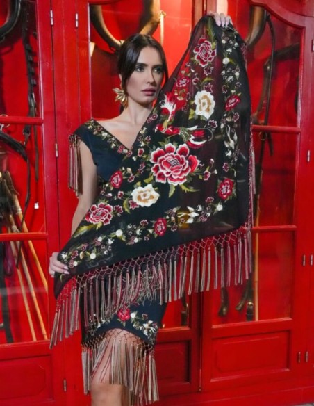 Petit châle noir brodé de franges