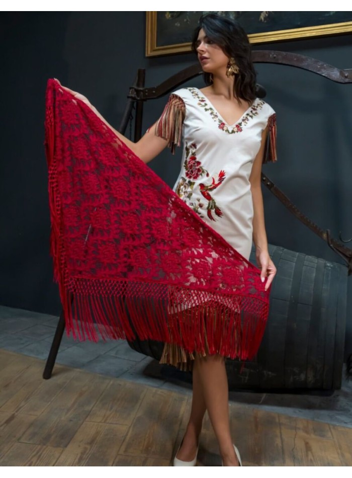 Mantón de manila de encaje color rojo para invitada