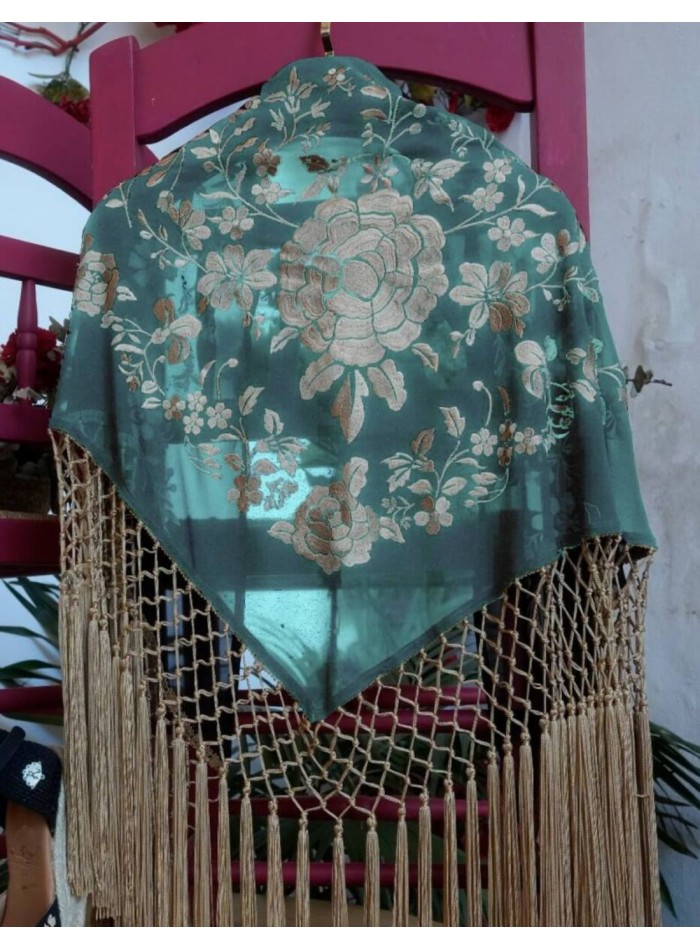 Châle flamenco vert avec fleurs brodées et...