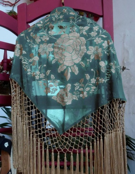 Green flamenco shawl with embroidered flowers and golden bangs