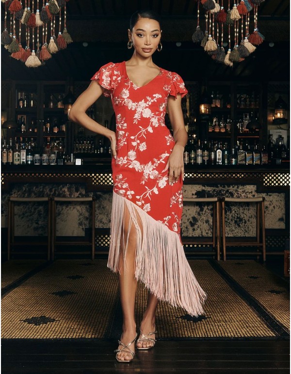 Robe midi asymétrique rouge avec broderies et franges de...
