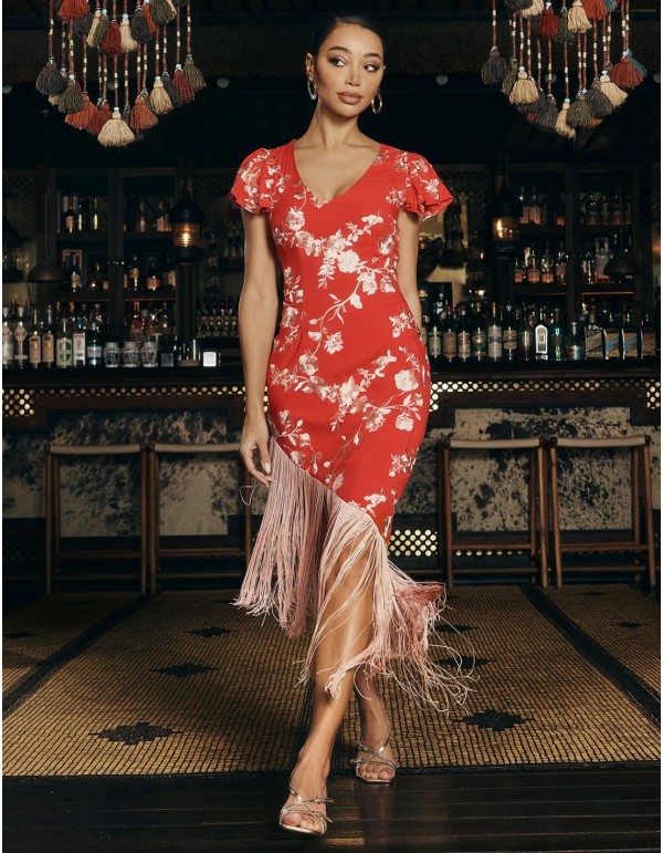 Robe midi asymétrique rouge avec broderies et franges de... 2