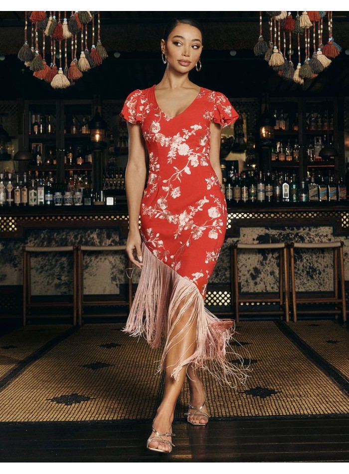 Robe midi asymétrique rouge avec broderies et...