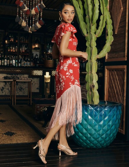 Red asymmetrical midi dress with embroidery and thread bangs