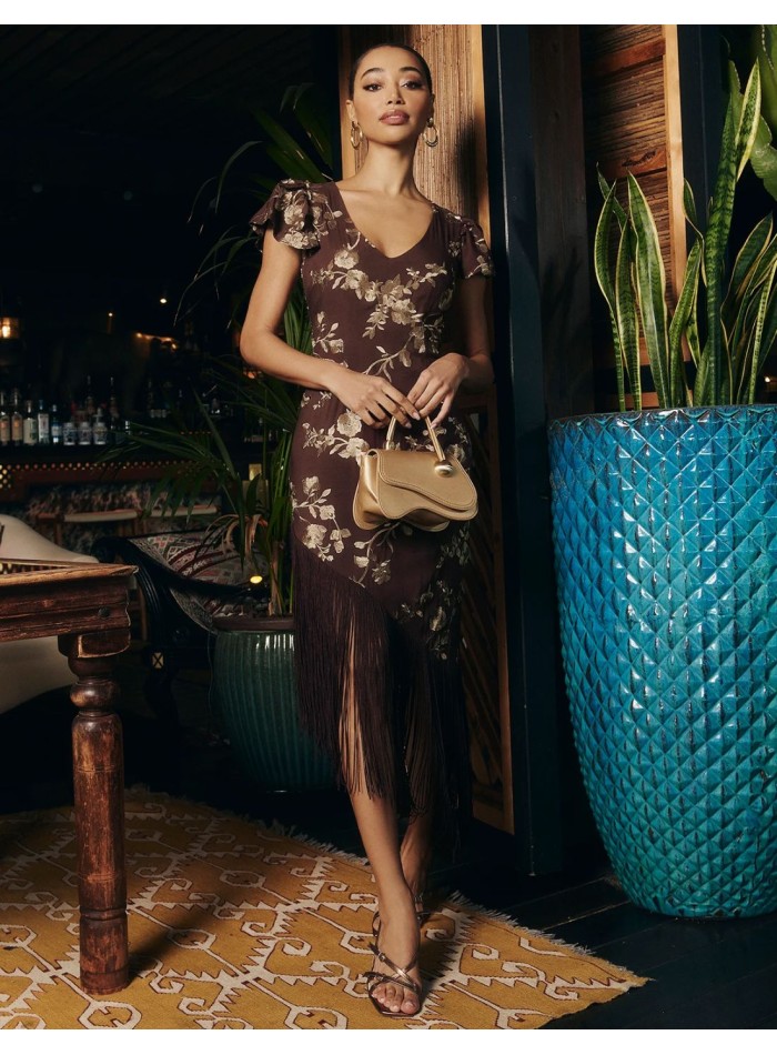 Chocolate brown asymmetrical midi dress with...