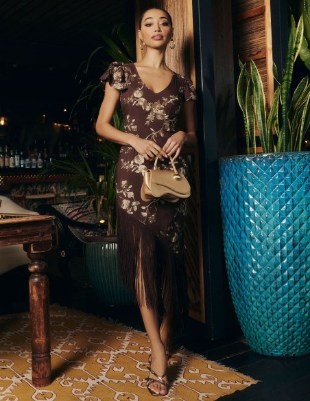 Robe midi asymétrique marron chocolat avec broderies et franges de fils