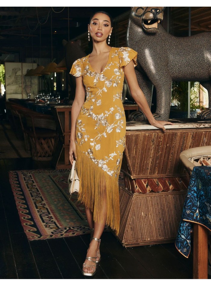 Robe midi asymétrique moutarde avec broderies...