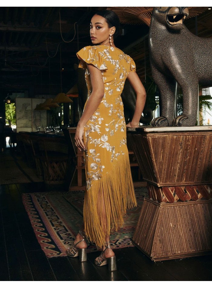 Robe midi asymétrique moutarde avec broderies...