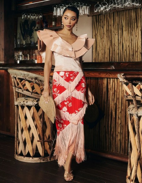 Beige structured guest top with double ruffles