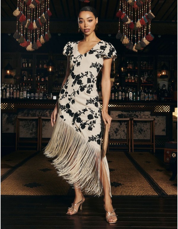 Beige asymmetrical midi dress with embroidery and thread... 2