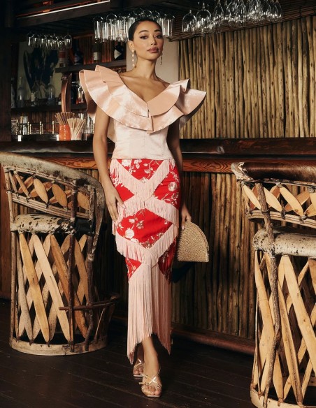 Jupe midi Guest rouge avec broderies et franges